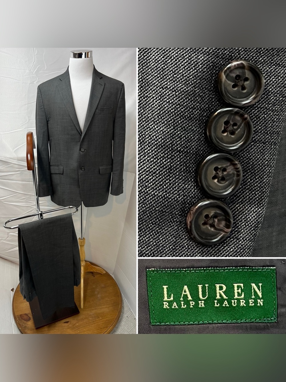 Ralph Lauren Men’s 44R X 35W Gray Wool 2 Piece Suit